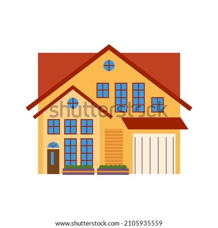 Two story house with a lot of windows and a carport flat design illustration. Clip art of house. House with yellow paint.