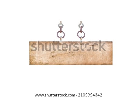 Vintage wood sign frame with old steel chain hanging isolated on white background , clipping path	