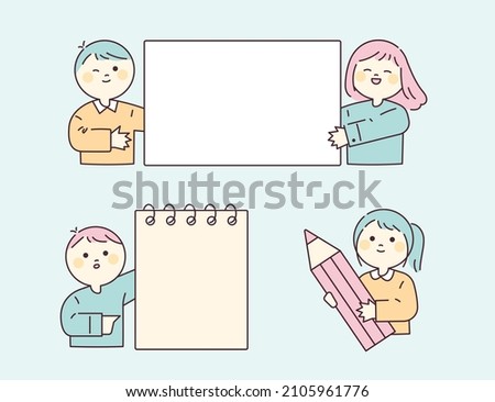 Cute student characters holding large notebooks and pens. flat design style vector illustration.