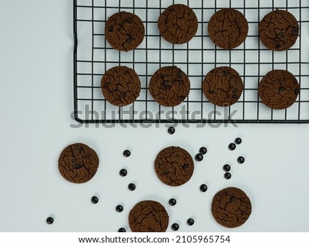 top view collection of Chocolate chip cookies on cooling rack. teatime morning activities.