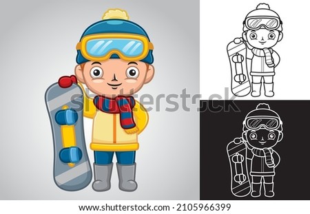 Vector cartoon of little boy in winter coat with snowboard