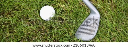 Top view of golf ball and club laying on fresh green grass field. Equipment for professional golf game. Luxury sport and active spare time on fresh air concept
