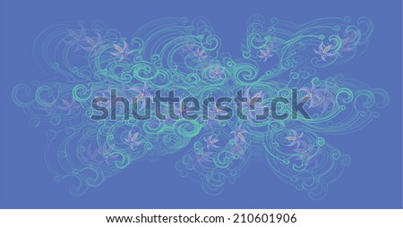 A beautiful tree branch with blue, light purple lily flowers on a light blue background. 