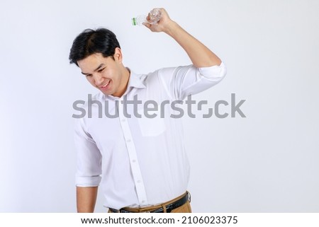 Handsome,  asian man , dressed casually campaign say no plastic, reducing plastic, reducing global warming, studio light shot isolated on white background. Environment concept