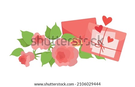 A love letter on Valentine's Day. A postal envelope with a declaration of love. Paper mail postcards with garden roses. Vector isolated colorful element. 