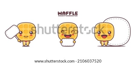 waffle cartoon mascot, with blank board banner, isolated on a white background.
