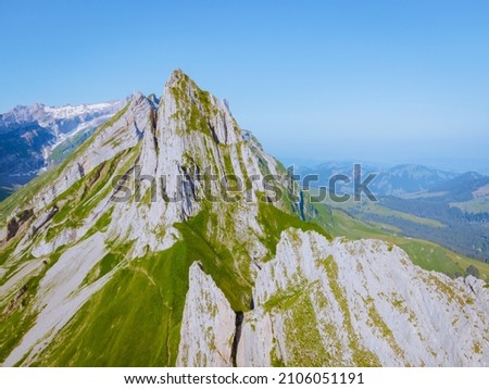Schaefler Altenalptuerme mountain ridge swiss Alpstein alpine Appenzell Innerrhoden Switzerland, a steep ridge of the majestic Schaefler peak in the Alpstein mountain range Appenzell, Switzerland with