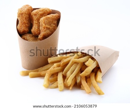 Chips and chicken on a white background
