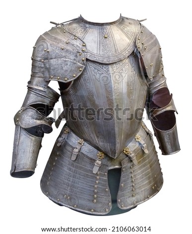 Medieval knight suit of armor protection isolated on white background with clipping path. Ancient steel metal armour Royalty-Free Stock Photo #2106063014
