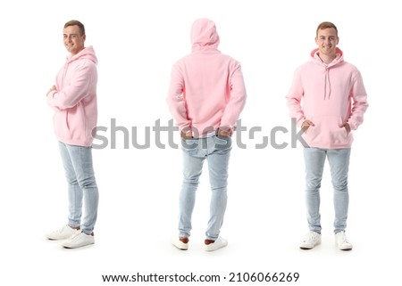 Set of young man in stylish hoodie on white background
