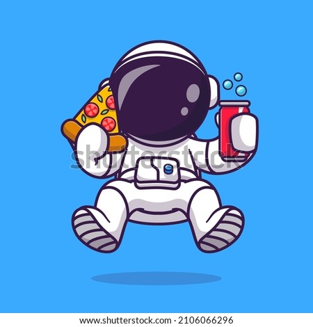 Cute Astronaut With Pizza And Soda Cartoon Vector Icon Illustration Science Food Icon Concept Isolated Premium Vector. Flat Cartoon Style