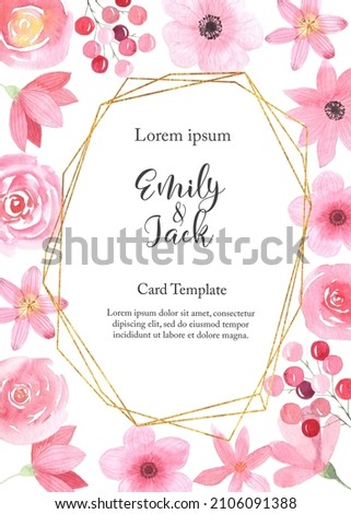 Floral frame with hand painted watercolor flowers and blossoms in bright pink colors. Decorative banner template perfect for card making, wedding invitation and DIY project