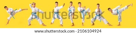 Set of little boy practicing karate on yellow background Royalty-Free Stock Photo #2106104924