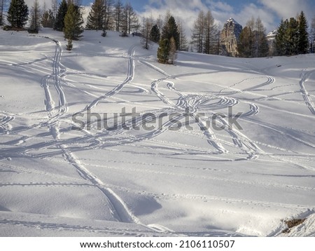 dolomites snow panorama alpine ski tracks detail off slope track