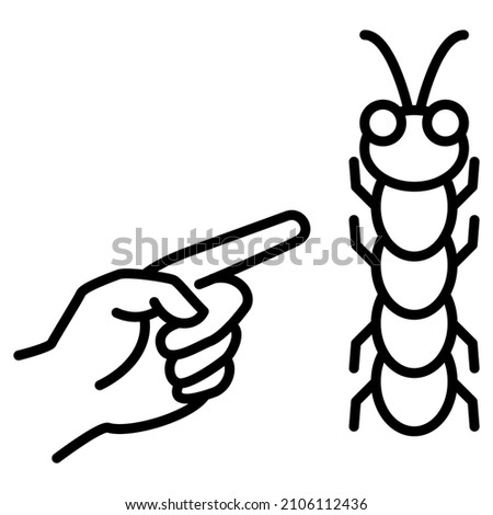 Larva, caterpillar, harmful insect, garden pest. The hand with the finger points to the caterpillar. Gardening, agronomy. Vector icon, outline, isolated. Editable stroke