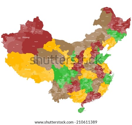 A large and detailed map of China with all prefectures and main cities. Royalty-Free Stock Photo #210611389