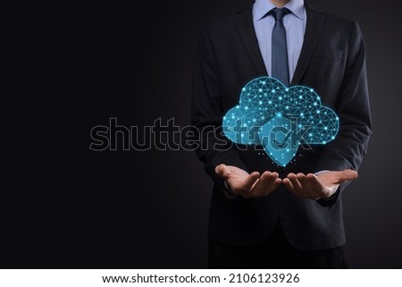 Cloud technology. Polygonal wireframe cloud storage sign with shield with a tick on dark blue. Cloud computing, big data center, future infrastructure, digital ai concept. Virtual hosting symbol,icon.