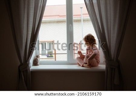 little girl at home playing with a kitten on the window