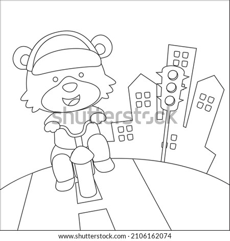 Cute bear riding a red bicycle. Trendy children graphic with Line Art Design Hand Drawing Sketch Vector illustration For Adult And Kids Coloring Book.