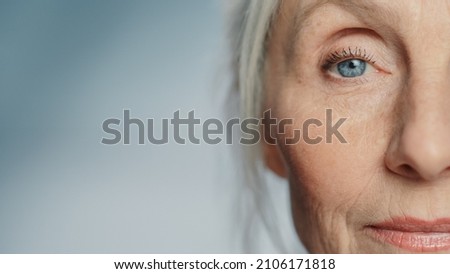 Close-up Shot of an Eyes of Beautiful Senior Woman Looking at Camera and Smiling Wonderfully. Gorgeous Looking Elderly Grandmother with Natural Beauty of Grey Hair, Blue Eyes and Cheerful Worldview Royalty-Free Stock Photo #2106171818