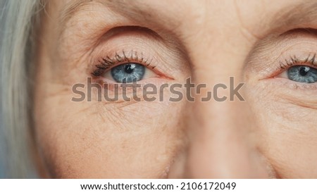 Close-up Shot of an Eyes of Beautiful Senior Woman Looking at Camera and Smiling Wonderfully. Gorgeous Looking Elderly Grandmother with Natural Beauty of Grey Hair, Blue Eyes and Cheerful Worldview Royalty-Free Stock Photo #2106172049