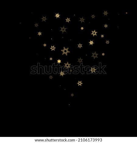 Falling Snow flakes golden pattern. Illustration with flying gold snow, frost, snowfall. Winter print for christmas celebration on black night background. Holiday Vector illustration for New Year.