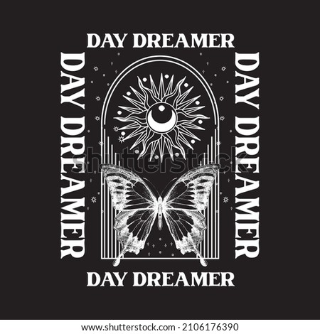 Vintage Day Dreamer slogan print with crescent moon and butterfly, stars illustration for girl tee t shirt or poster Royalty-Free Stock Photo #2106176390