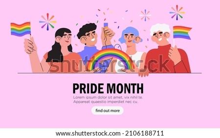 Diverse group of people or crowd holding posters, placards, symbols, signs and colorful flags and lgbt rainbows on gay parade, pride month or festival celebrate pride month web banner, poster.  Royalty-Free Stock Photo #2106188711