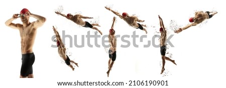 Set of images of sportive male swimmer in swimming cap and goggles in motion and action isolated on white background. Healthy lifestyle, power, energy, sports movement concept. Preset Royalty-Free Stock Photo #2106190901