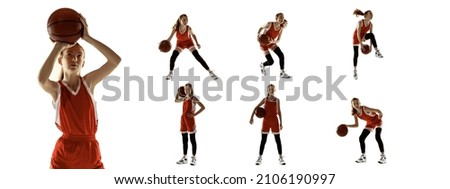 Development of movements. Collage made of images of little girl, basketball player with ball in motion, action isolated on white studio background. Concept of sport, education, skills, active