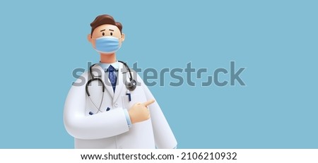 3d render. Cartoon character young caucasian man doctor, wears face mask and uniform, shows direction with finger. Medical clip art isolated on blue background. Health care consultation