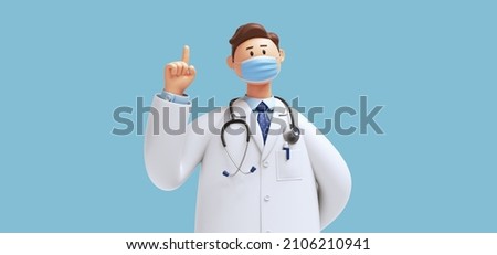 3d render. Cartoon character caucasian man doctor wears face mask and uniform. Finger pointing up. Medical clip art isolated on blue background. Healthcare advice, medicine science