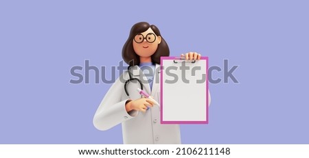 3d render. Cartoon character young caucasian woman doctor holds clipboard with blank page, wears glasses and uniform. Medical clip art isolated on blue violet background. Health insurance