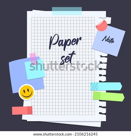 Set of different vector note papers. Vector torn paper pieces, blank squared and lined notepad pages pieces and design elements for attaching paper: pins, scotch tape and paper clip set, isolated, vec