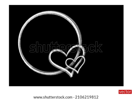 Chalk frame. Circular frame drawn in chalk isolated on a black background. Frame with hearts and copy space. Design element for Valentine's Day greetings. Blank area for text. Vector