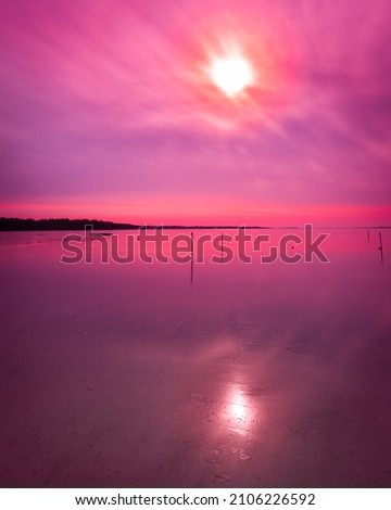 Pink twilight landscape with the rising sun and the reflected sunbeam on the frozen seawater in the peaceful shoreline on Cape Cod in Massachusetts.