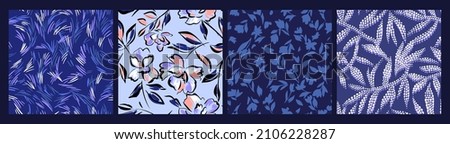 Set of simple floral seamless patterns. Daisy flowers collection in blue color. Sketch flat drawing. Botanical collage in modern trendy style. Royalty-Free Stock Photo #2106228287