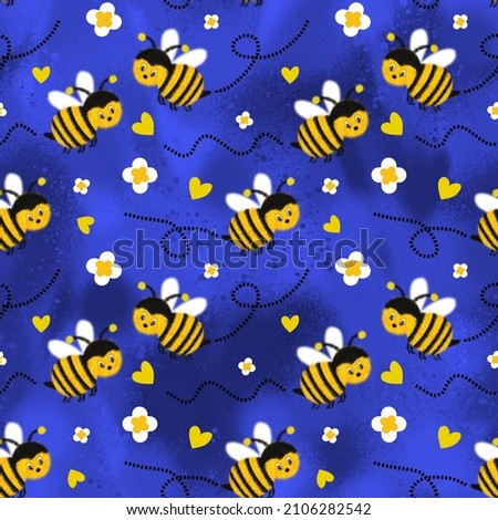 Abstract Hand Drawing Cute Flying Furry Honey Bees Daisy Flowers and Hearts Seamless Pattern with Tie Dye Batik Background