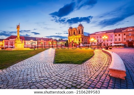 Timisoara, Romania - Morning twilight with Union Square in beautiful historic city of Europe Royalty-Free Stock Photo #2106289583