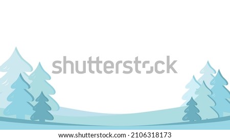 Simple snowy winter background with place for text. Minimalistic design backdrop with firs covered with snow. White, blue, dark blue, shades.