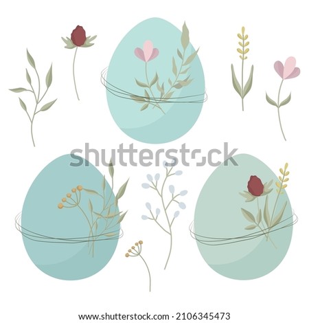 A set of cutely decorated Easter eggs in pastel colors. Eggs with a small bouquet of flowers. Easter decor collection