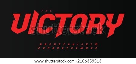 Victory bold font, red Italic speed alphabet with bevel inside letters. Dynamic headline and superhero logo. Type for sport, race, gym, car, automotive, shirts, game, cinema. Vector typography Royalty-Free Stock Photo #2106359513