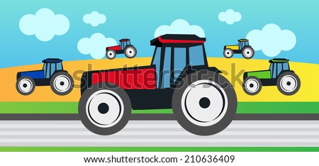 Harvest and many tractors on the field