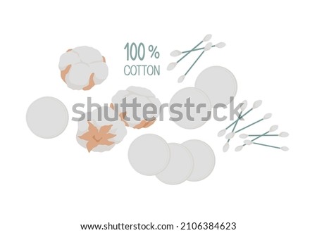 Flowers of natural eco-friendly organic cotton for cosmetic sponges and hygiene sticks. Cosmetic logo. Vector isolated colorful element.