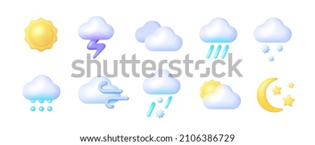 3d weather for web background design. Icon set cloud weather. 3d vector realistic objects. Vector illustration design element set. Isolated objects Royalty-Free Stock Photo #2106386729