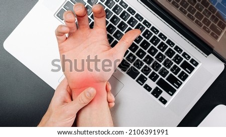 Carpal tunnel syndrome. Hand pain in man injury wrist. Arthritis office syndrome is consequence of computer. Health care and medical concept