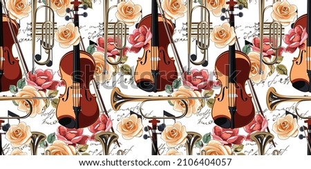 Violin with musical trumpet and roses on a white background. Seamless pattern with string and wind musical instruments and blooming flowers. Very beautiful seamless pattern. 