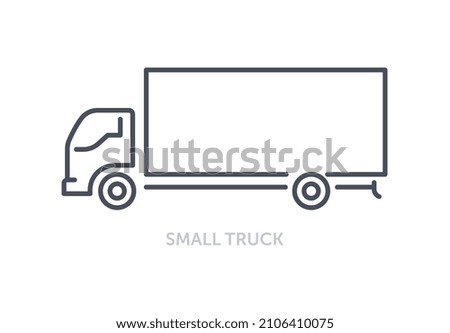Vehicles types concept. Icon with small truck. Car with container for transporting small loads and delivering orders. Logistics transport. Cartoon flat vector illustration isolated on white background