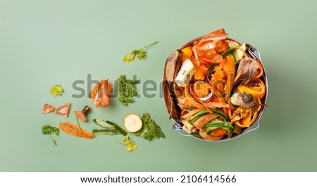 Sorted kitchen waste in compost-bucket on green background top view. Compost-container. Sustainable life style.Vegetable, fruit peels, scraps from food preparation collected in trash-can for recycling Royalty-Free Stock Photo #2106414566