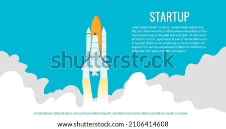 Landing page, startup concept. Space shuttle flying to the cosmos. Vector illustration